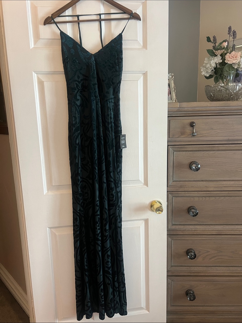 Lulu's Dark Green Velvet Burnout Maxi Dress with Thin Straps